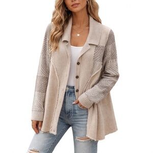 Free People Oatmeal Patchwork Knit Cardigan XS Oversized Cozy Boho